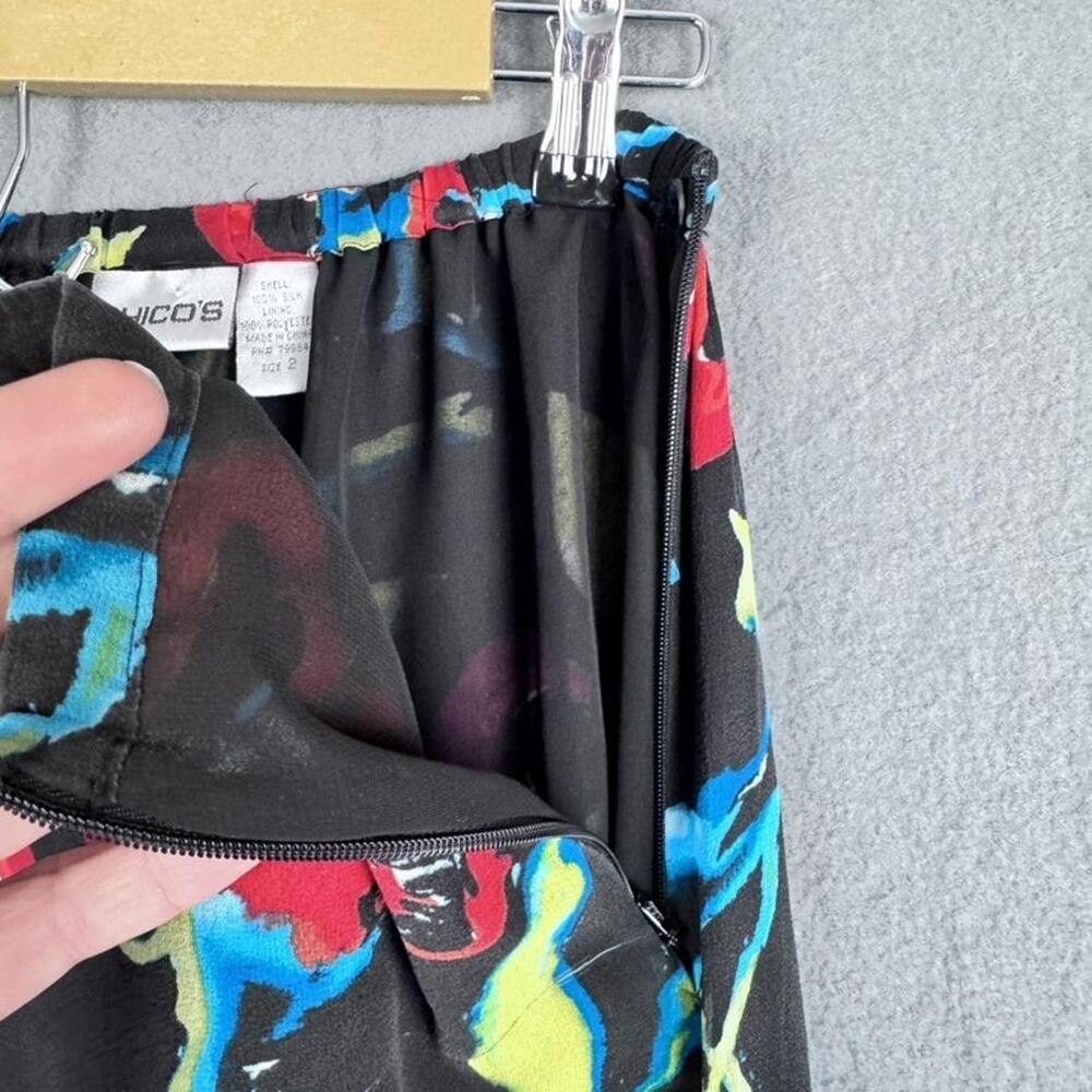 Chico's Silk Skirt Womens 2 Black Floral Lined Sheer Midi‎ Love Holidays Flaws - Picture 5 of 14